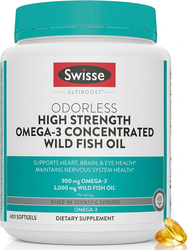 Swisse Wild Fish Oil Omega 3 Supplements for Women and Men | EPA DHA Fish Oil Supplements | Odorless - Helps Support Brain, Eye and Heart Health | High Strength 3000 mg | 400 Softgel Pills