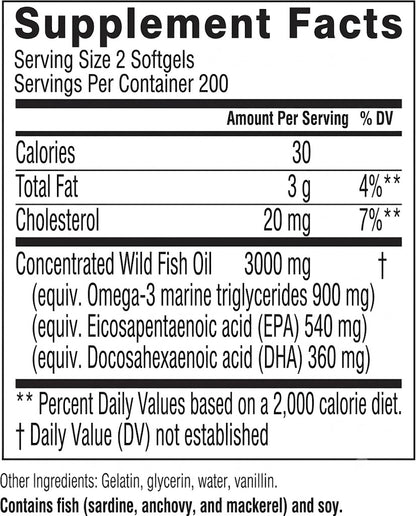 Swisse Wild Fish Oil Omega 3 Supplements for Women and Men | EPA DHA Fish Oil Supplements | Odorless - Helps Support Brain, Eye and Heart Health | High Strength 3000 mg | 400 Softgel Pills